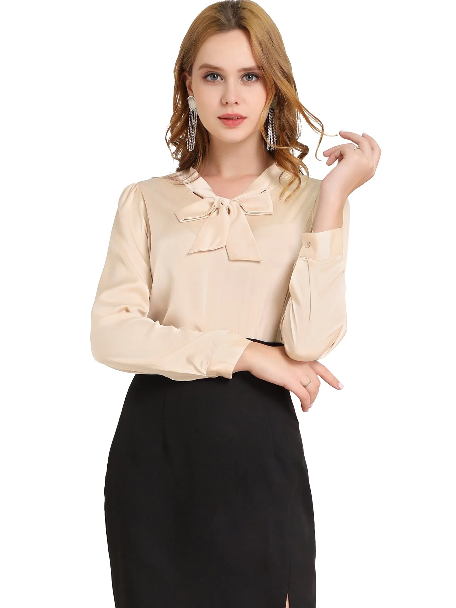 Satin Work Office Blouse Tie Neck Business Casual Top