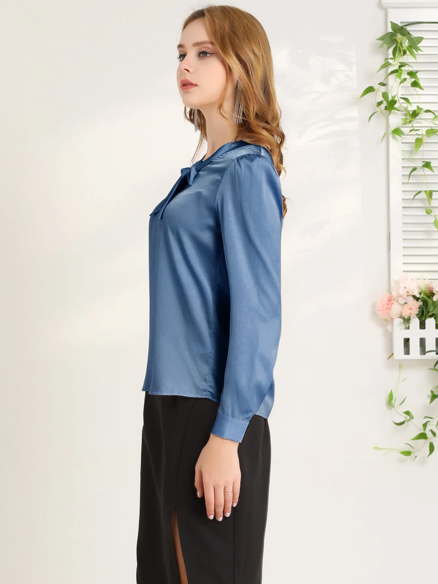 Satin Work Office Blouse Tie Neck Business Casual Top