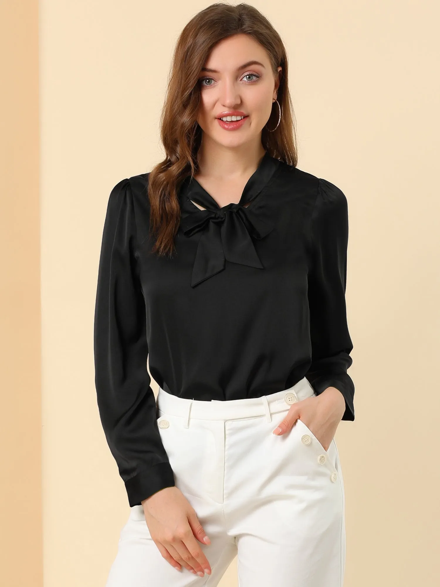 Satin Work Office Blouse Tie Neck Business Casual Top