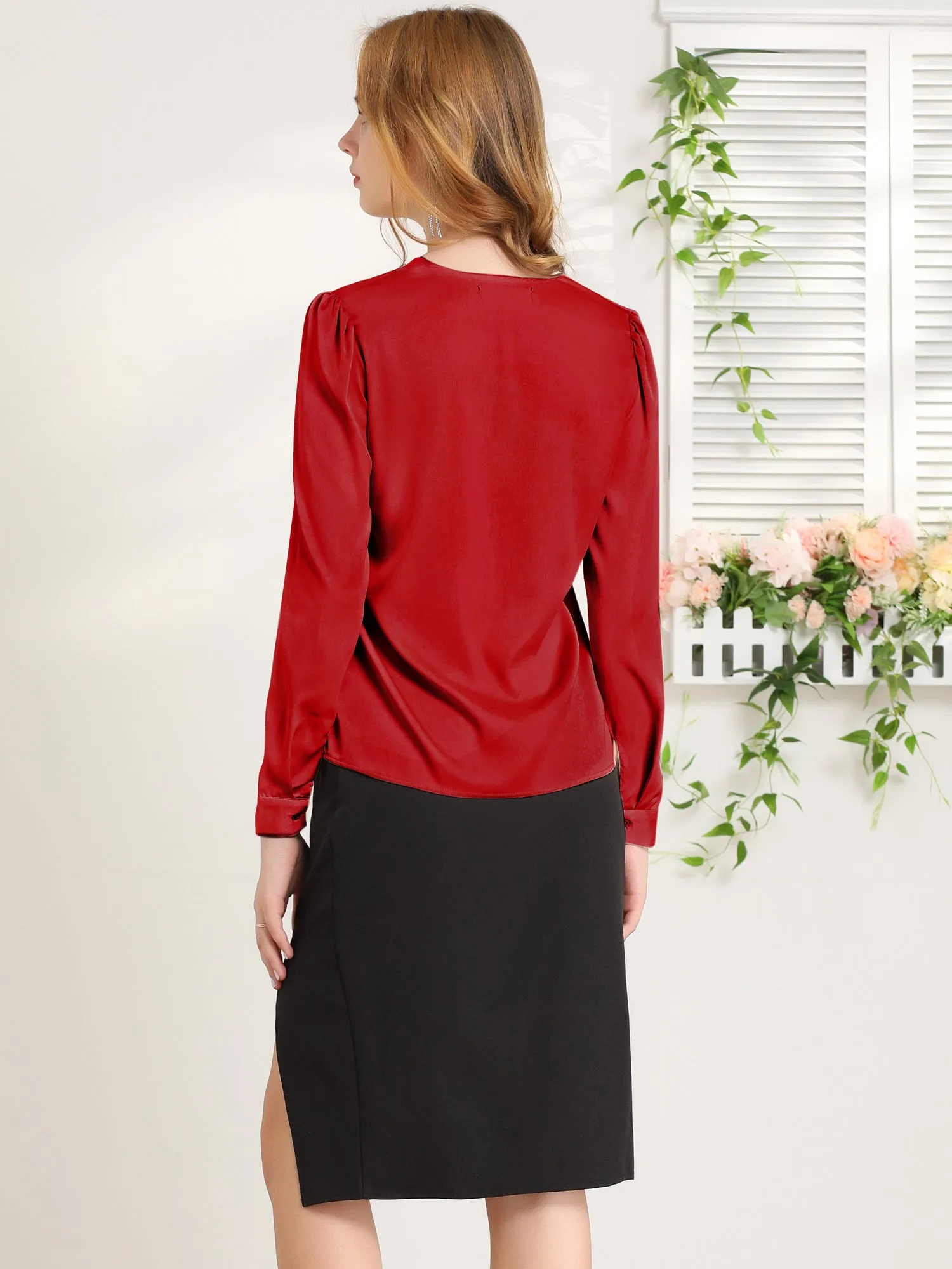Satin Work Office Blouse Tie Neck Business Casual Top