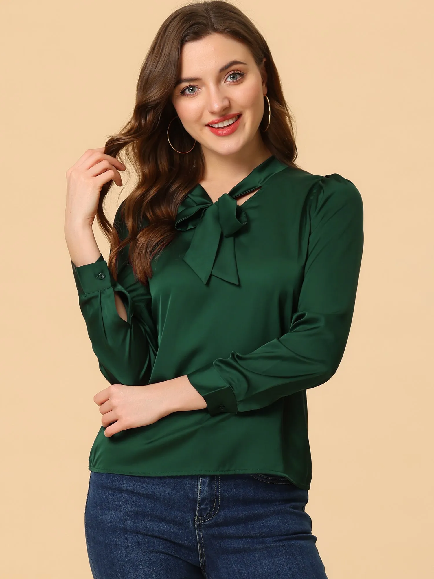 Satin Work Office Blouse Tie Neck Business Casual Top