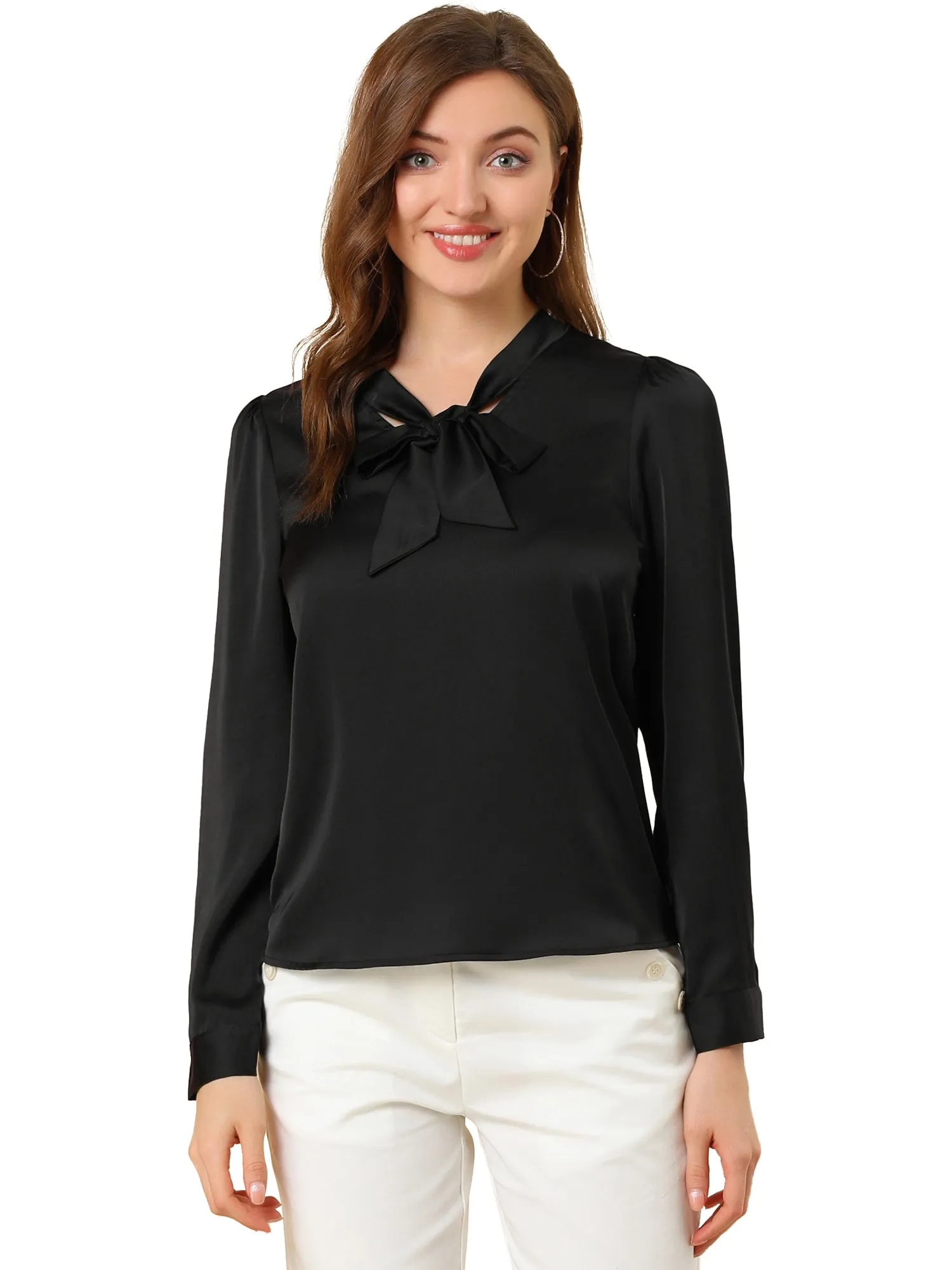 Satin Work Office Blouse Tie Neck Business Casual Top