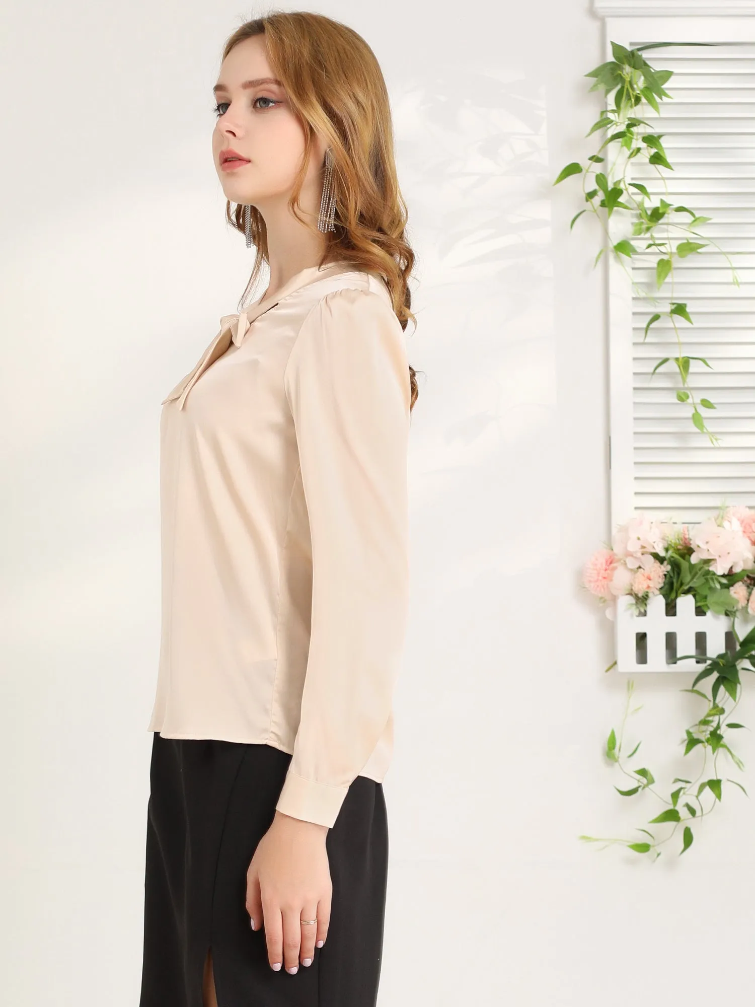 Satin Work Office Blouse Tie Neck Business Casual Top
