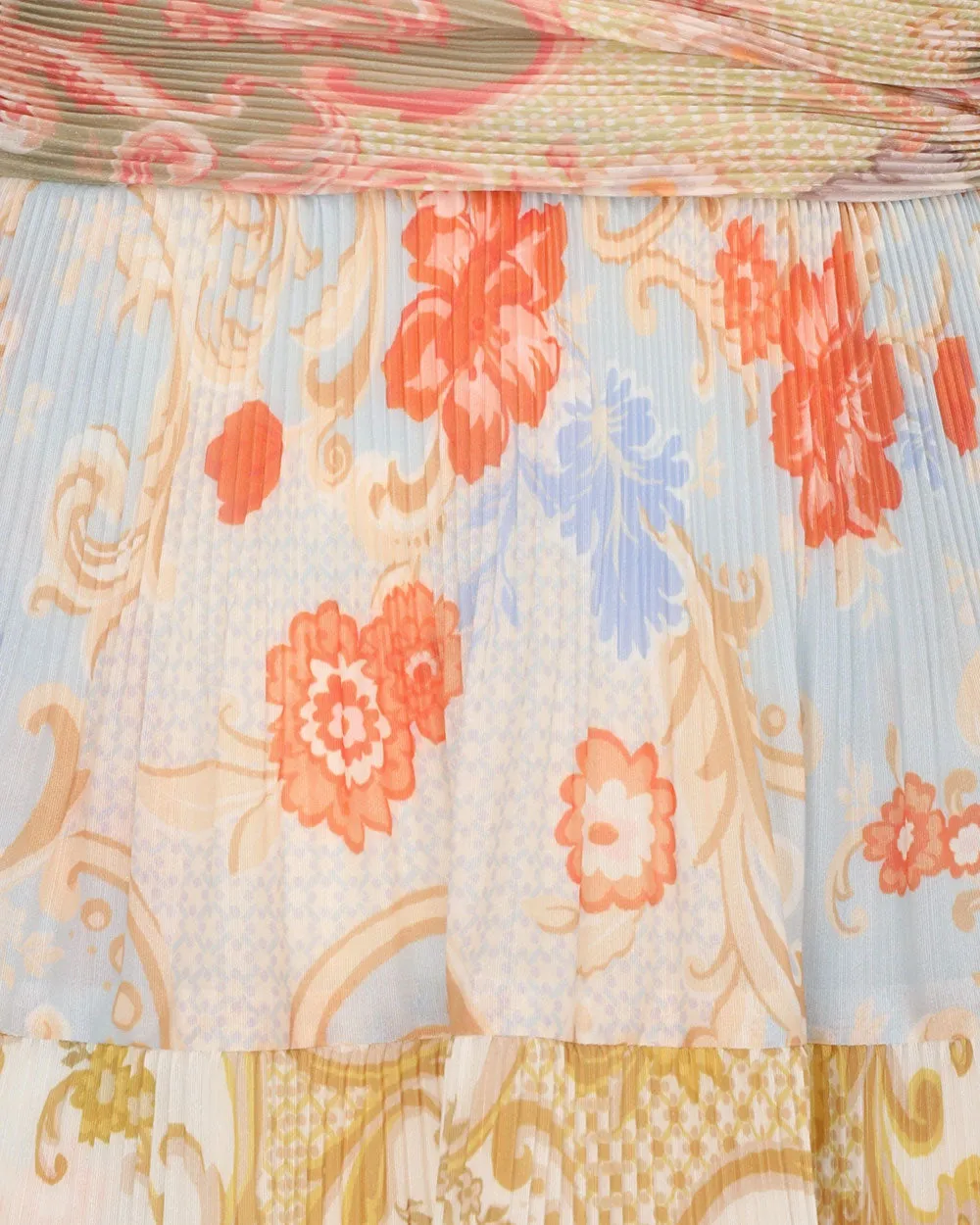 Spliced Floral Postcard Pleated Midi Dress