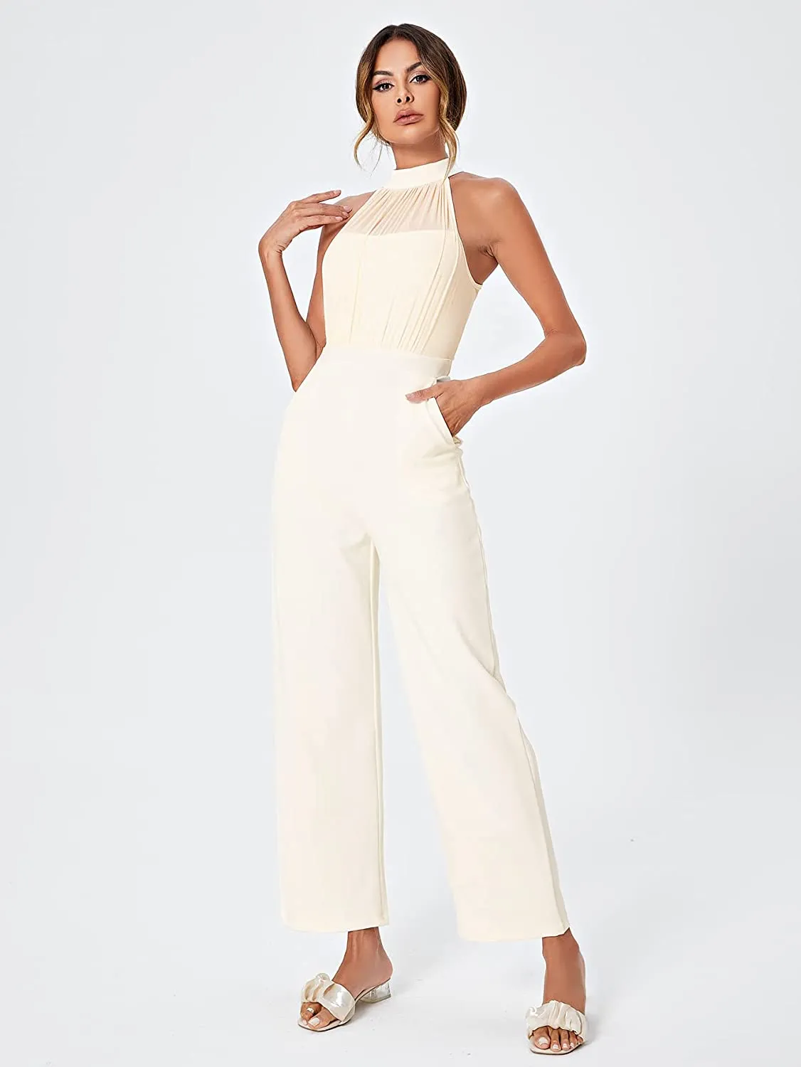 Stunning Halter Sleeveless Navy Blue Wide Leg Jumpsuit
