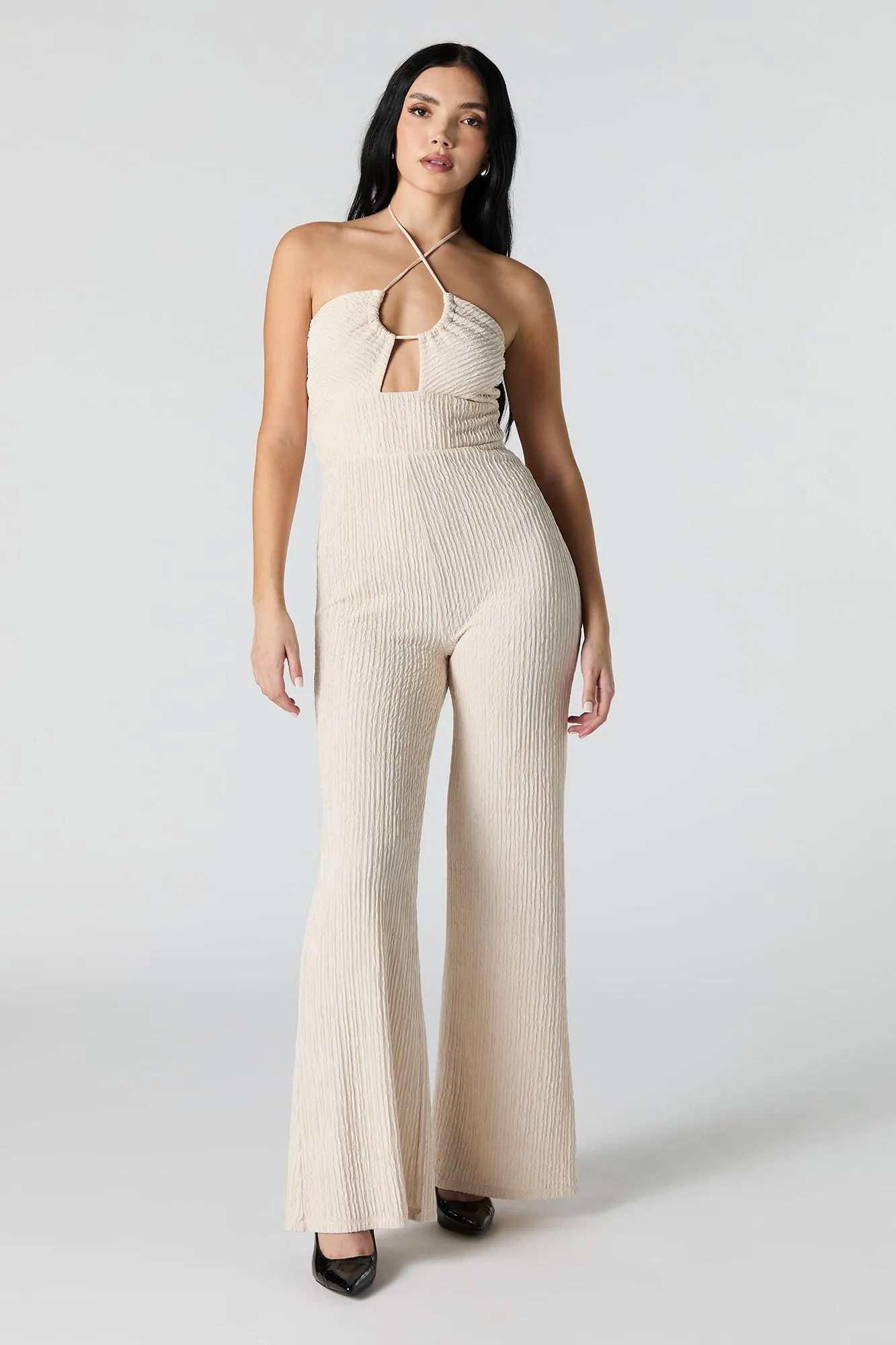 Textured Halter Wide Leg Jumpsuit