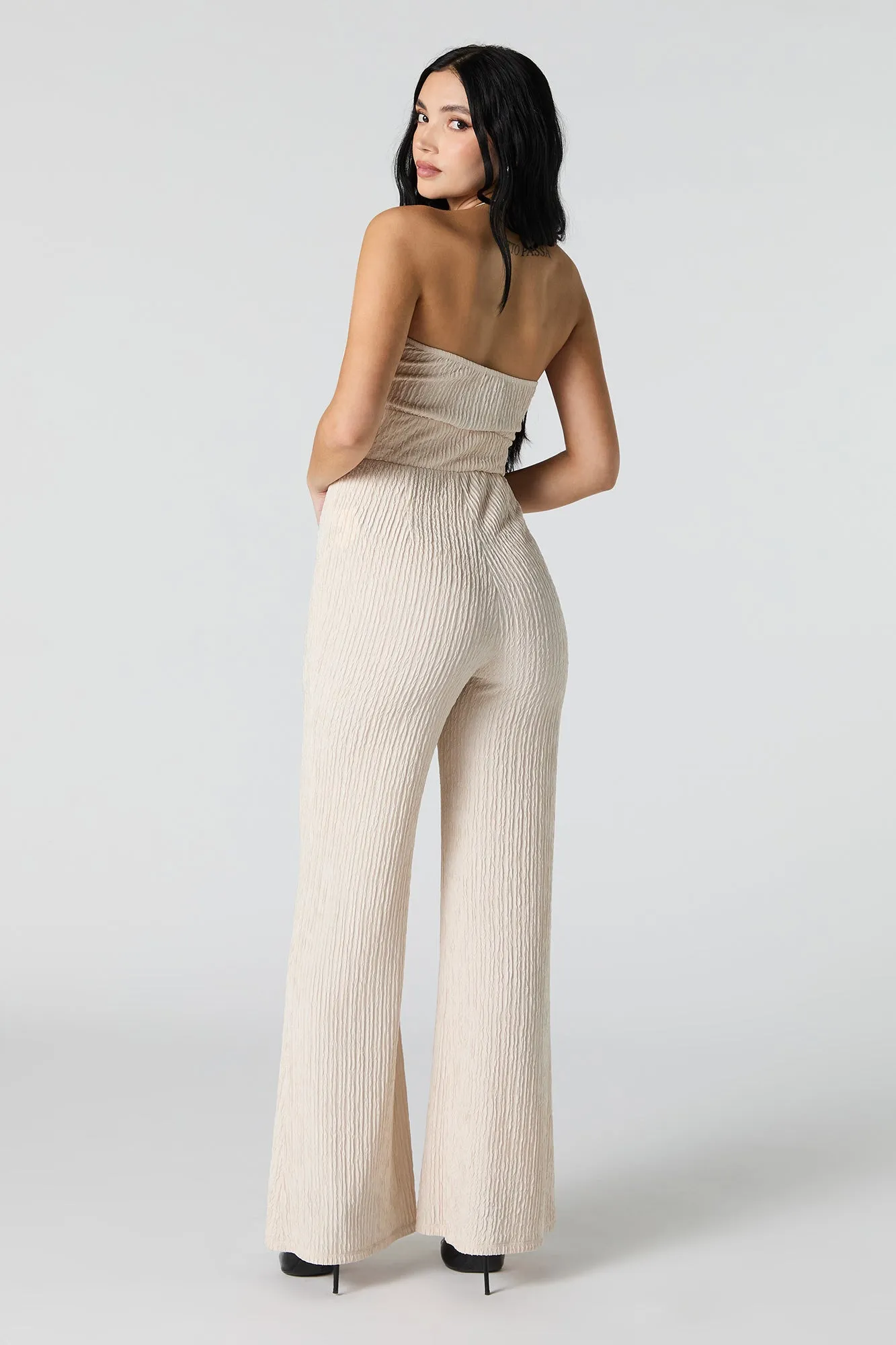 Textured Halter Wide Leg Jumpsuit
