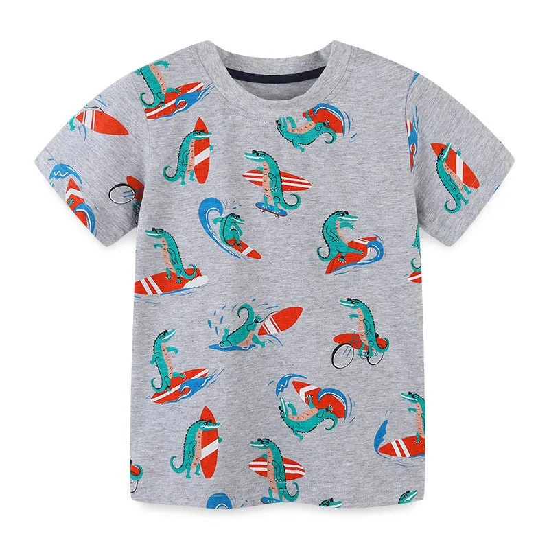 Toddler Boy's Dinosaur Print Short Sleeve Gray T-shirt