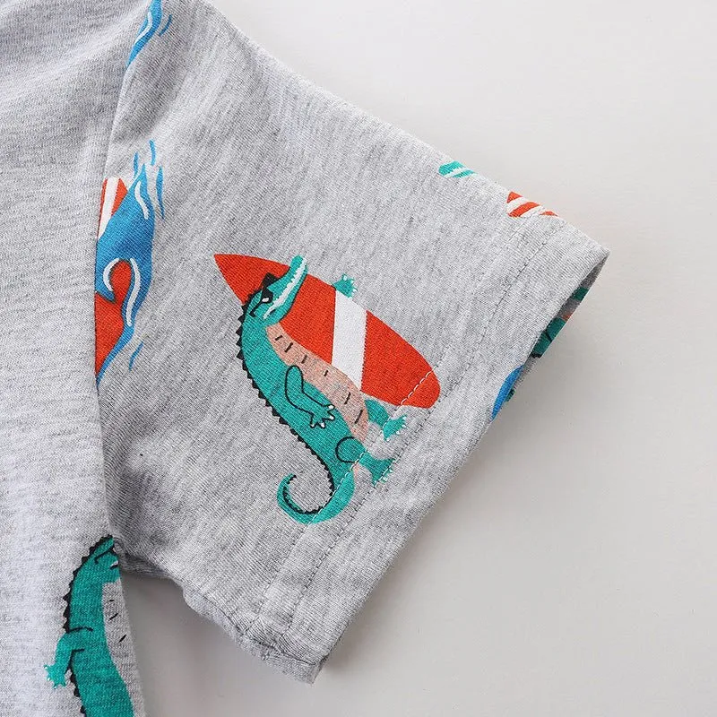 Toddler Boy's Dinosaur Print Short Sleeve Gray T-shirt