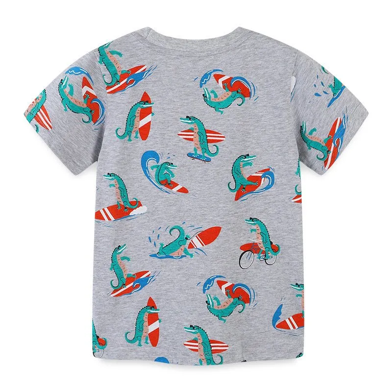 Toddler Boy's Dinosaur Print Short Sleeve Gray T-shirt