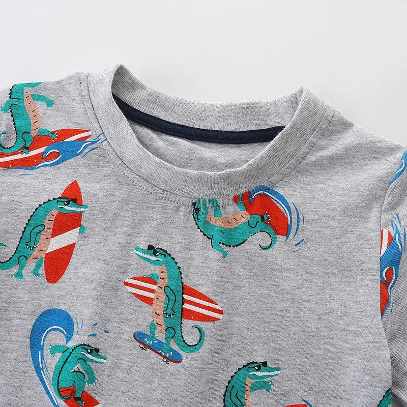 Toddler Boy's Dinosaur Print Short Sleeve Gray T-shirt