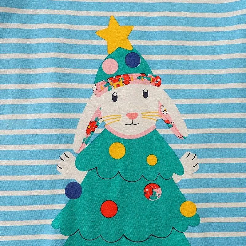 Toddler/Kid Girl's Blue Striped Bunny with Christmas Tree Design Top Tee