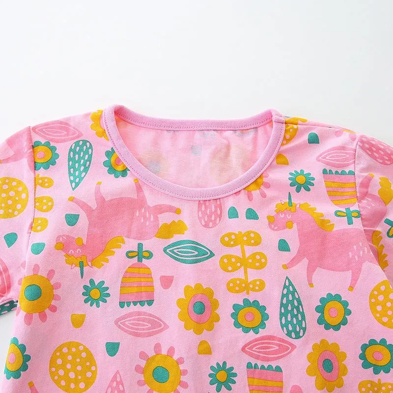 Toddler/Kid Girl's Short Sleeve Floral Unicorn Print Design Pink T-Shirt