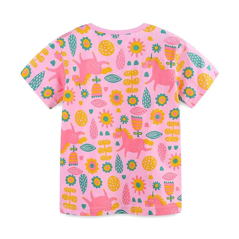 Toddler/Kid Girl's Short Sleeve Floral Unicorn Print Design Pink T-Shirt