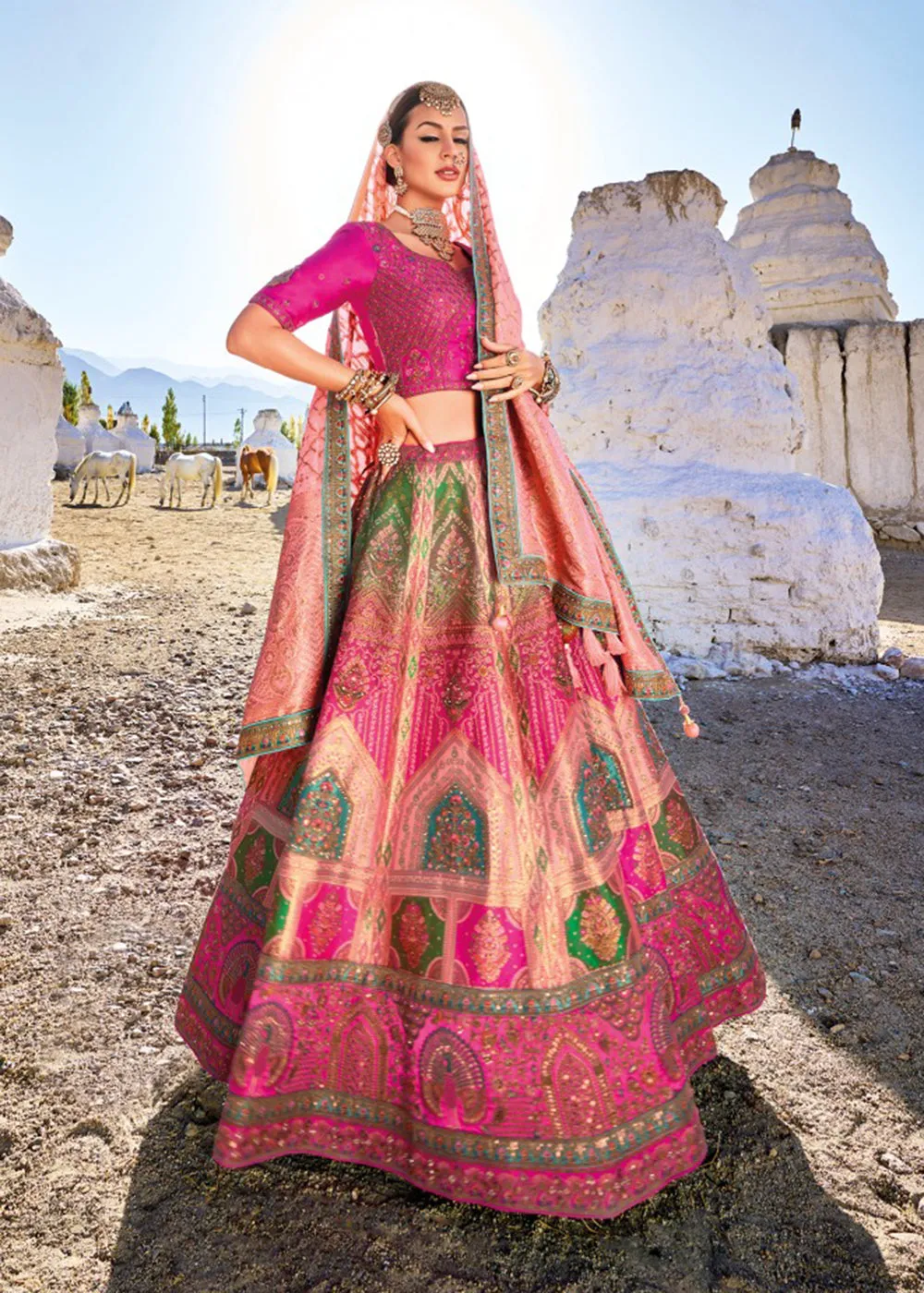 Traditional Rani Pink Banarasi Silk Embroidered Bridal Lehenga Choli