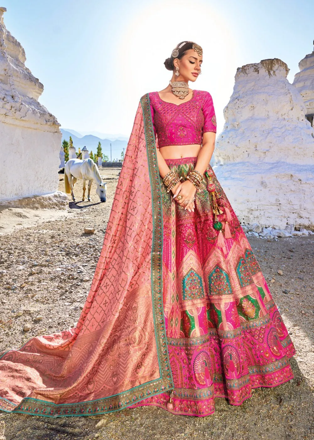 Traditional Rani Pink Banarasi Silk Embroidered Bridal Lehenga Choli