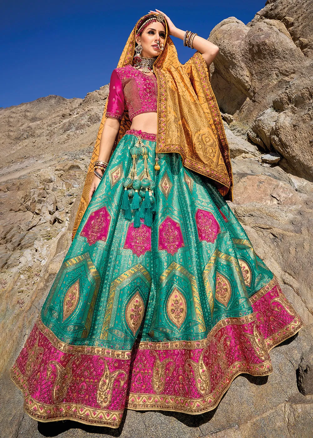Turquoise Pink Designer Style Embroidered Traditional Lehenga Choli