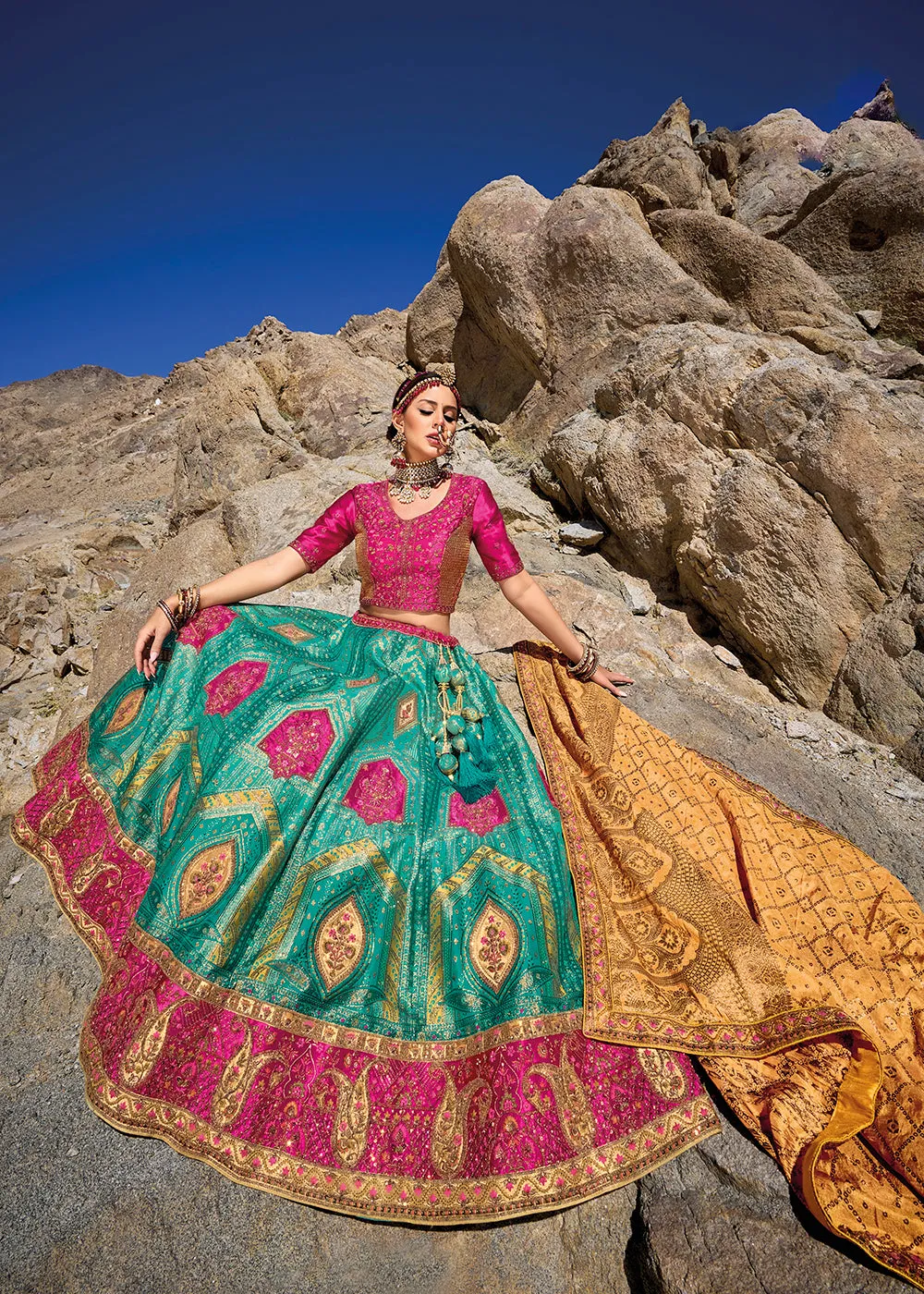 Turquoise Pink Designer Style Embroidered Traditional Lehenga Choli