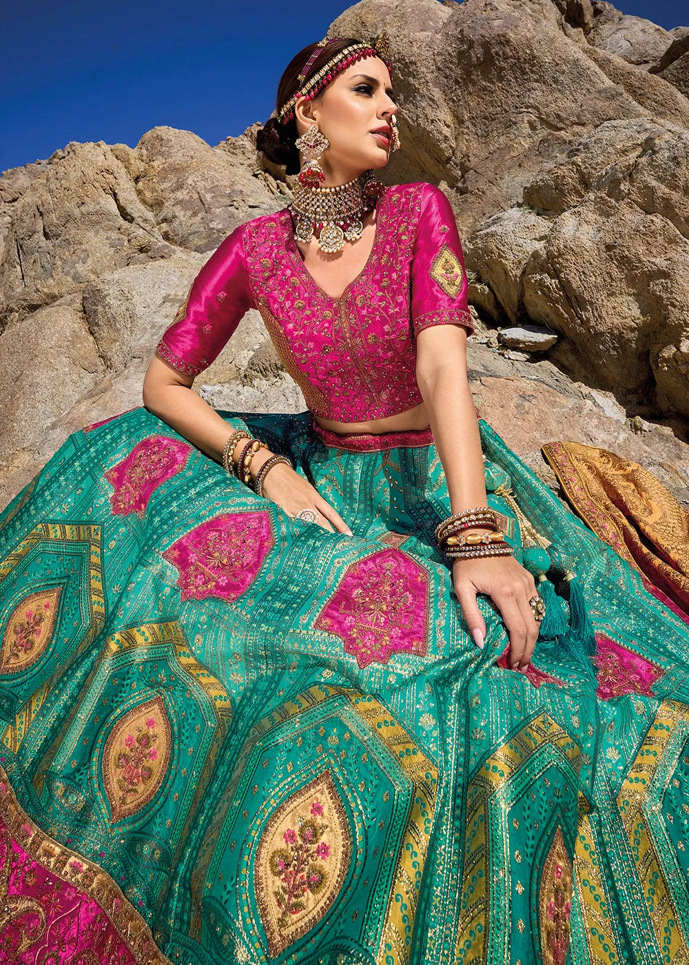 Turquoise Pink Designer Style Embroidered Traditional Lehenga Choli