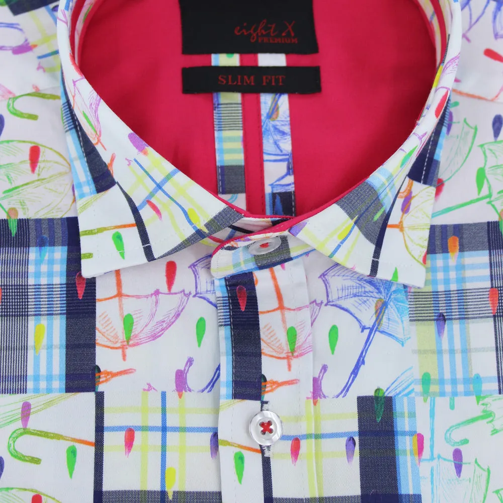 Umbrellas and Plaid In Colorful Rain Drops Button Down Shirt