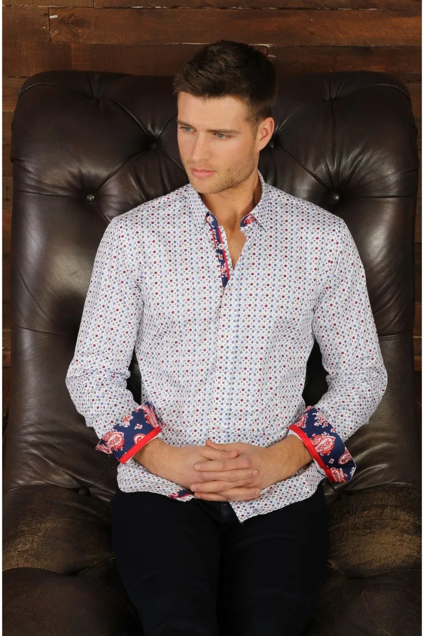 White Print Button Down Shirt With Trim