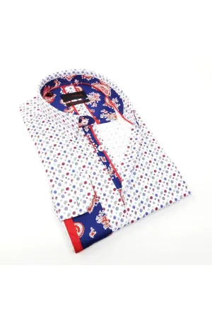 White Print Button Down Shirt With Trim