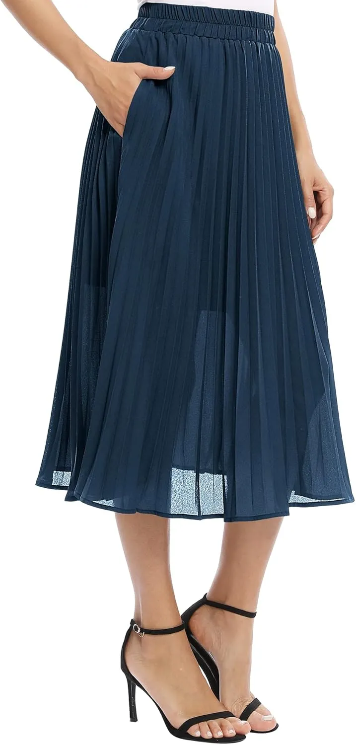 Women's Casual Chiffon Elastic Waist A-Line Pleated Midi Skirt with Pockets