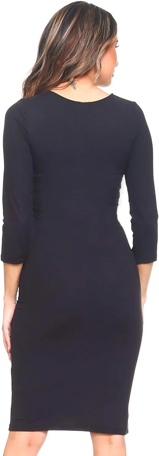 Women's Round Neck 3/4 Sleeve Midi Bodycon Fitted Midi Dress Casual Work